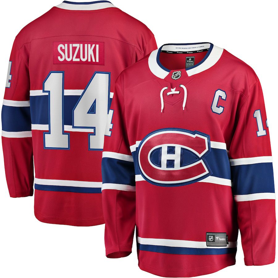 Men Montreal Canadiens #14 Nick Suzuki Fanatics Branded Red Home Captain Patch Breakaway Player NHL Jersey